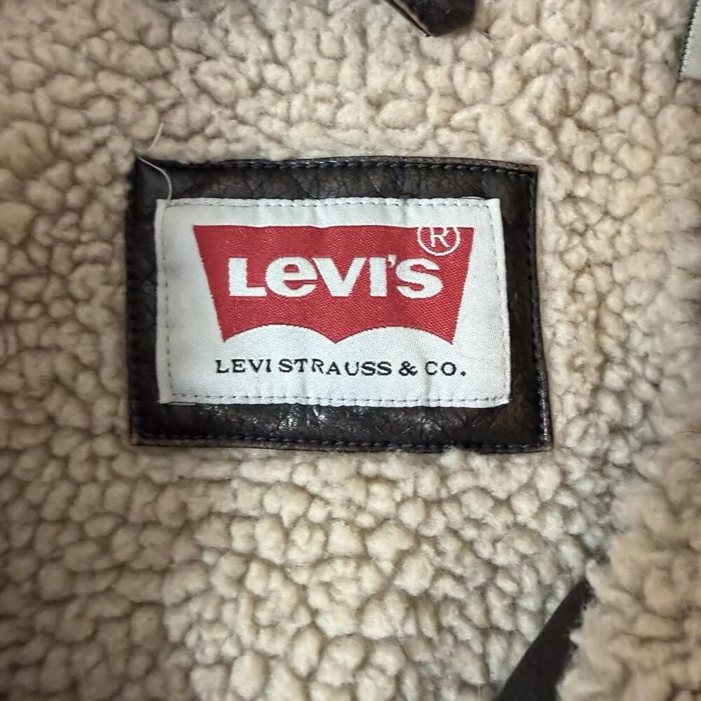 Levis Mens Faux Leather Sherpa Jacket XL Brown Aviator Bomber Utility NO PEELING